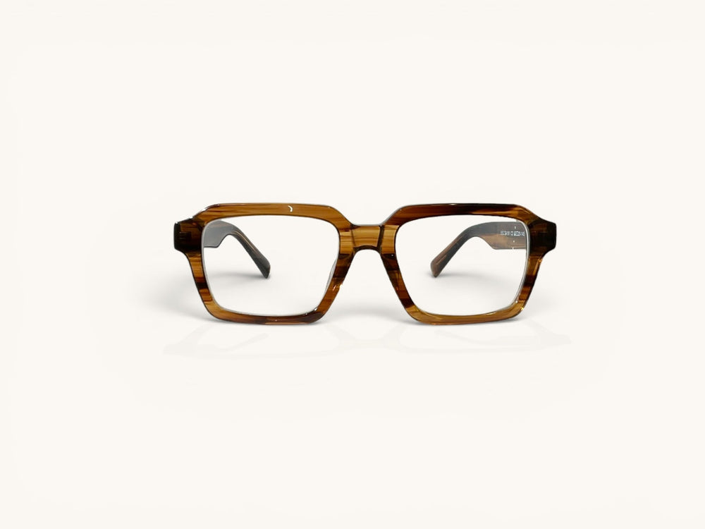 Anteojos ópticos acetato miel rayado vista frontal - Bloque Class Miel Rayado - Fibra Eyewear