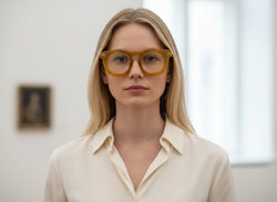 Mujer rubia usando anteojos ópticos redondos Fibra Eyewear de acetato premium en tono miel translúcido estilo panto.