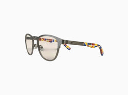 Anteojos Fibra Eyewear Gogo de titanio mate con varillas decoradas con patrones geométricos coloridos