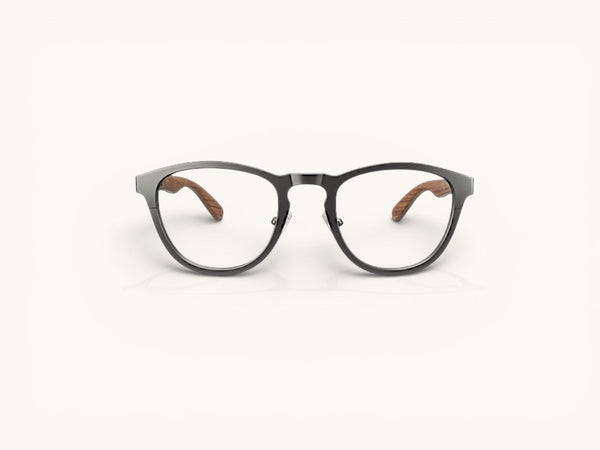 Anteojos Fibra Eyewear Gogo de titanio puro en acabado mate con varillas de madera natural, diseño óptico premium.