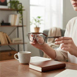 Anteojos Fibra Eyewear Gogo de titanio mate con varillas de madera natural sostenidos por una mujer en una oficina.